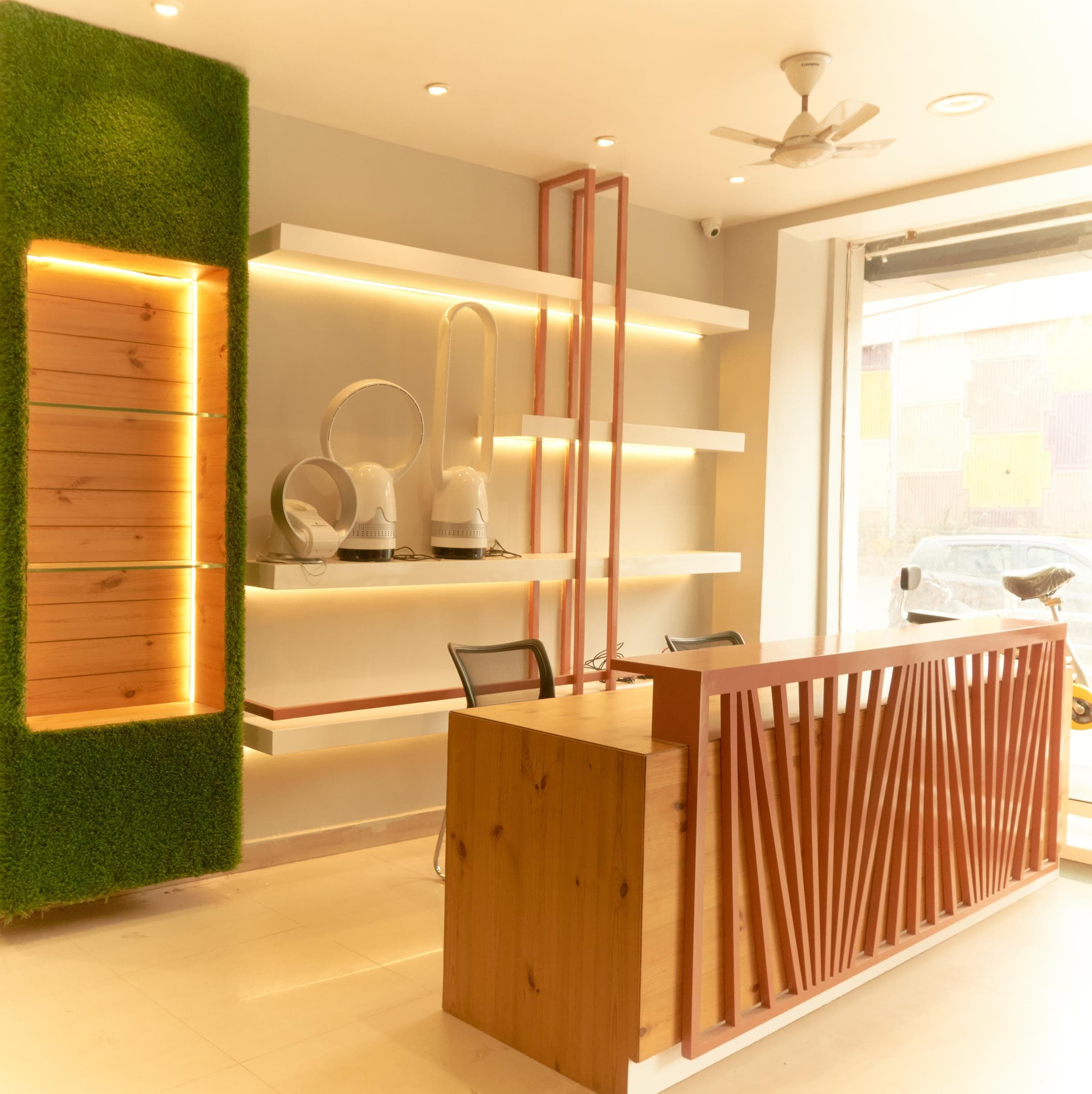 Retail store interior with a moss accent wall and custom display shelving